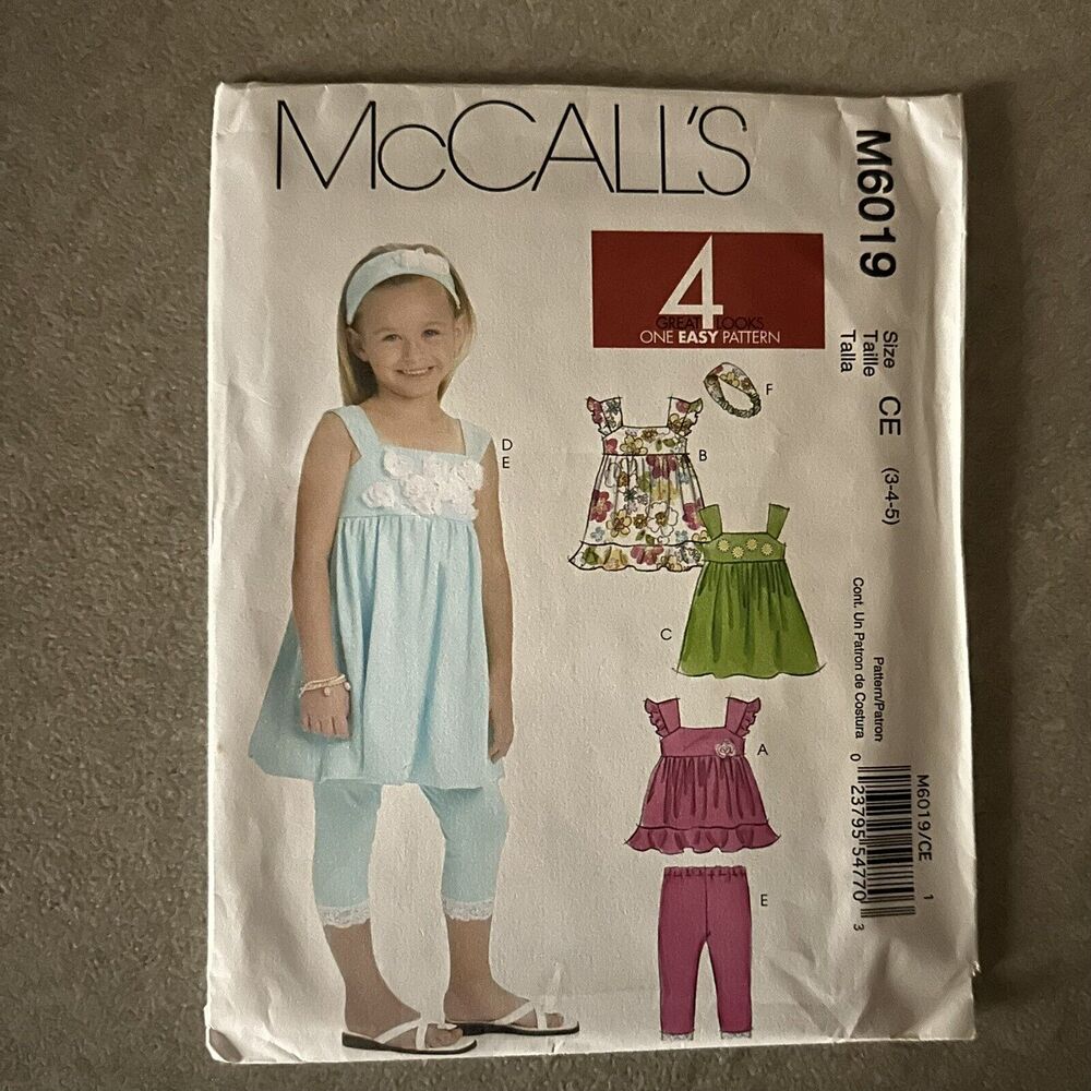 NEW McCalls 6019 Top Dress Leggings Headband Girls Sz 3 4 5 Sewing Pattern Easy